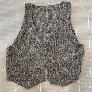 Chenille Handknit Gray Women's Oversized Sweater Vest with Antique Buttons, Sz M
